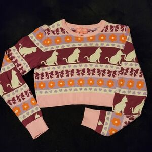 Sugar Thrillz Fair Isle Cat Print Crop Knit Sweater